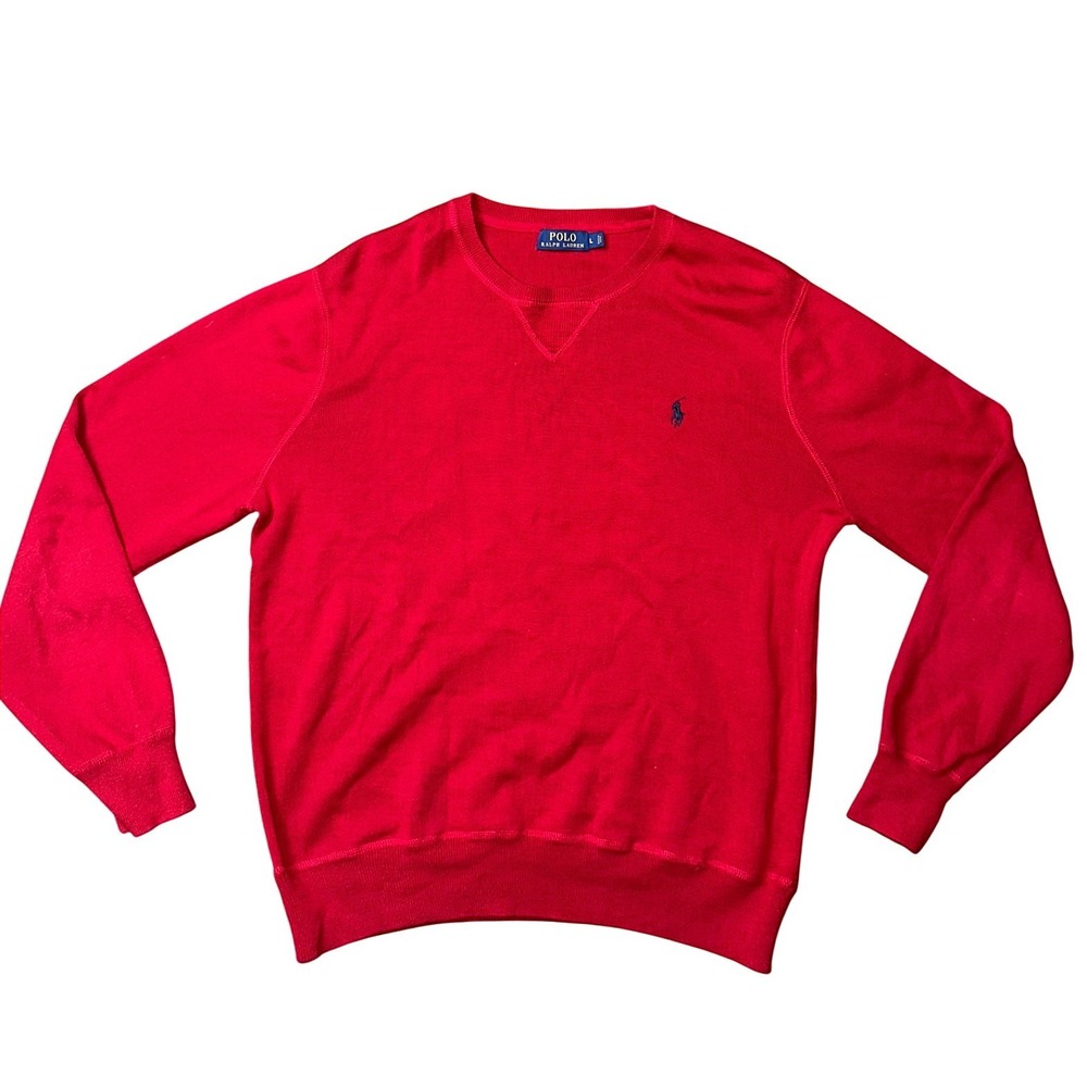 Polo Ralph Lauren Mens Red Cotton Crewneck Sweatshirt Navy Pony Logo Size L